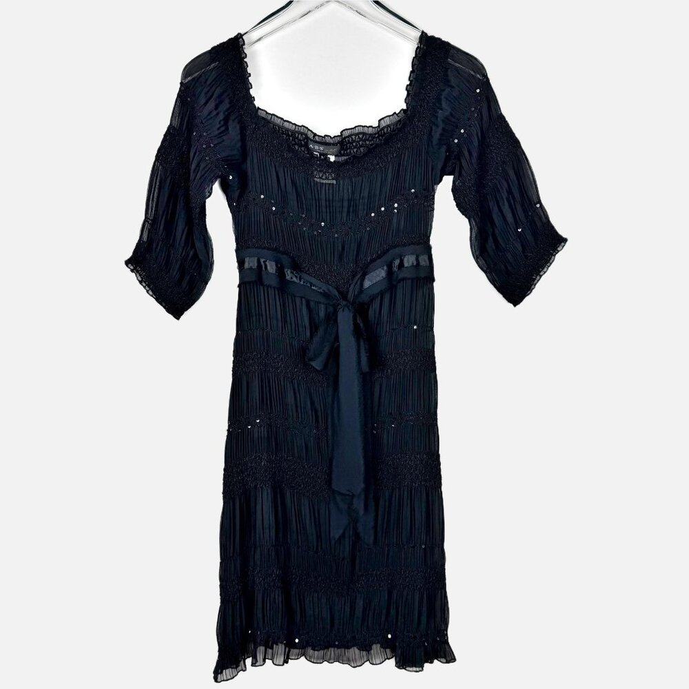 ABS Allen Schwartz Sheer Dress Women's M Black Smocked Sequin Accent Vintage Y2K